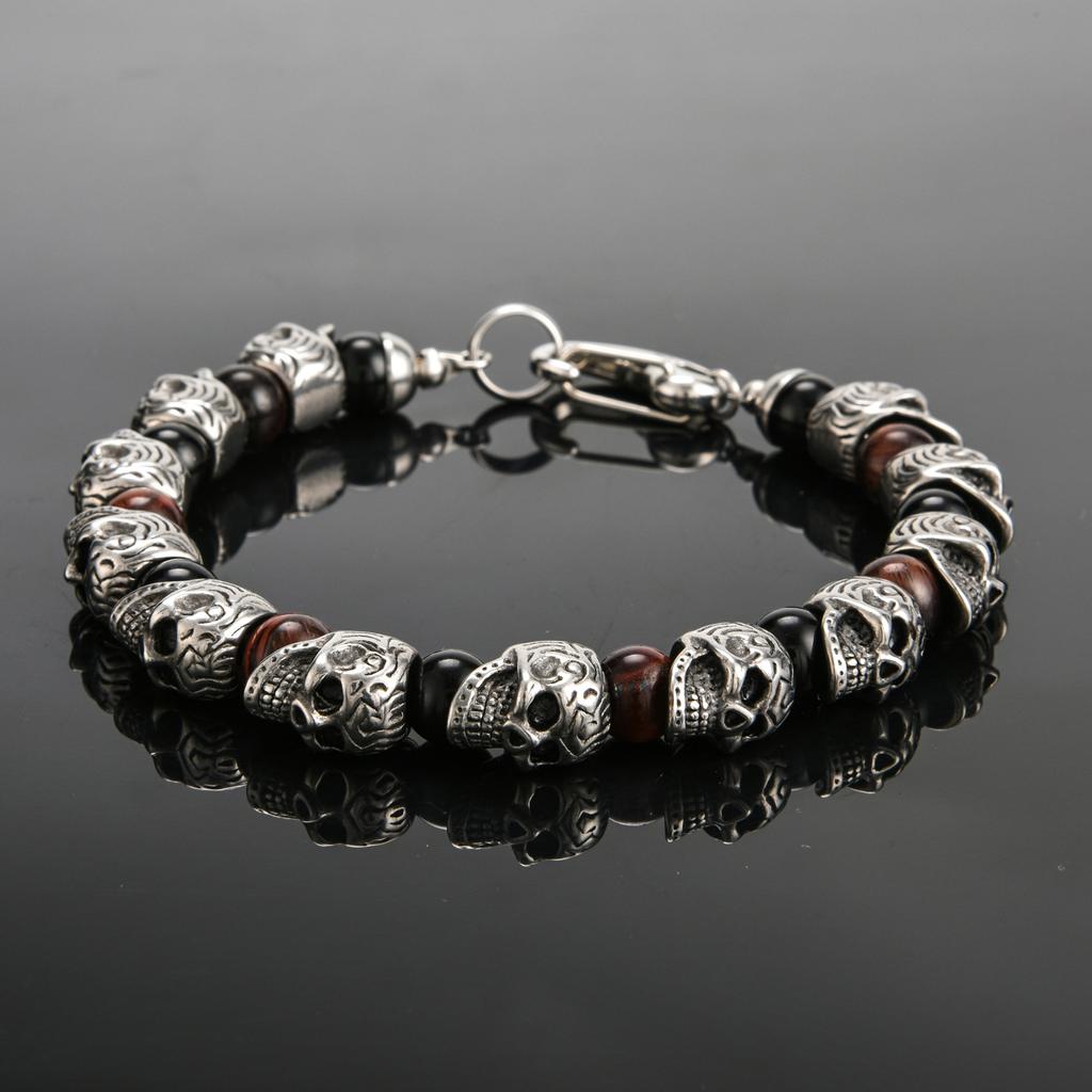 Neu eingeführter Perlenarmband, Neues Armband aus Edelstahl mit Totenkopf, Hochwertiges Armband aus Natursteinperlen