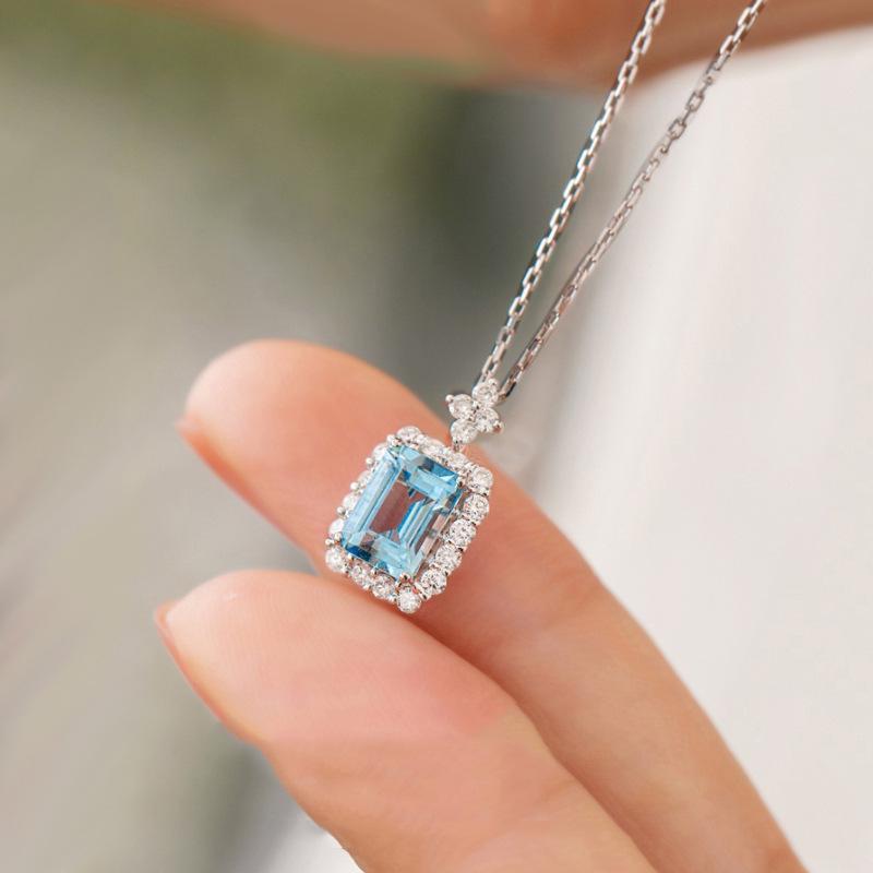 2021 Trendy French Style S925 Sterling Silver Aquamarine & Blue Topaz Clavicle Necklace for Women