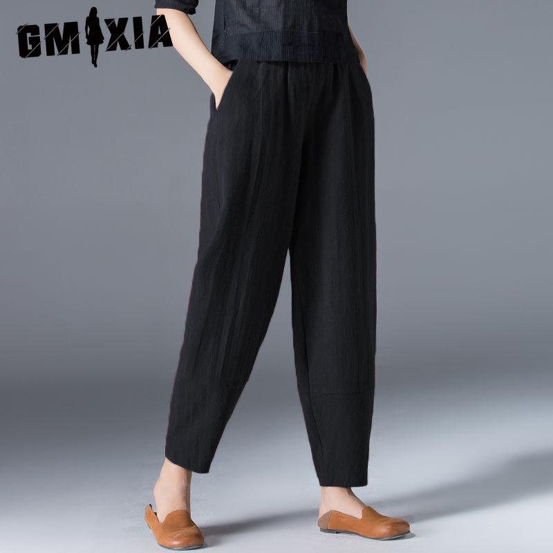 

GMXIA Закажите на 9 размеров больше, Женские летние повседневные свободные хлопково-льняные брюки-шаровары с эластичной талией, зауженные брюки, укороченные брюки XXXXXL