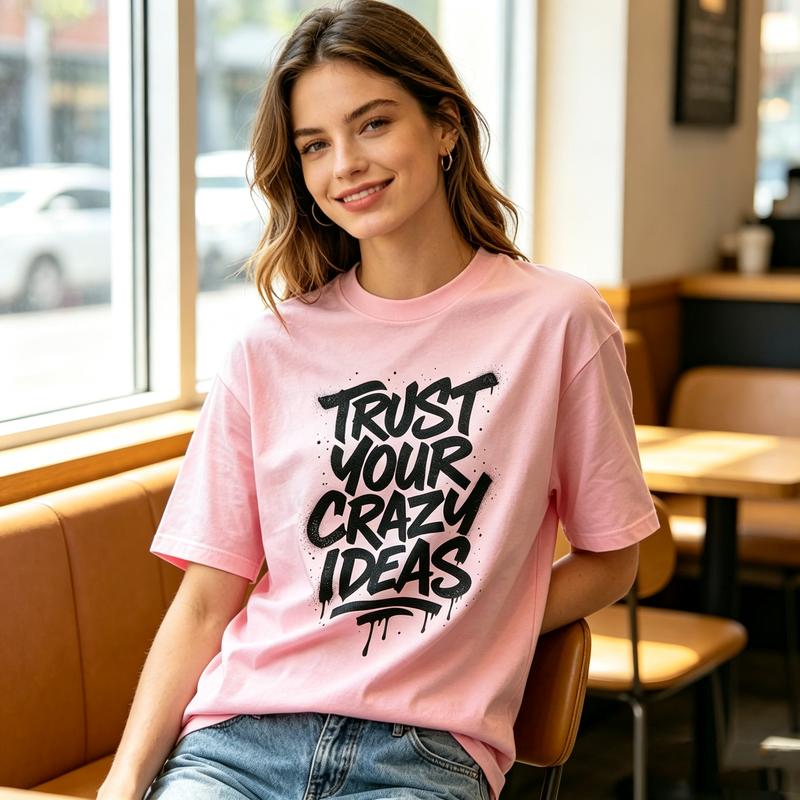 Spray Paint Lettering Trust Your Crazy Ideas Quote Print Loose Pure Cotton Tshirt Unisex Youth Outdoor Hip Hop Casual Top