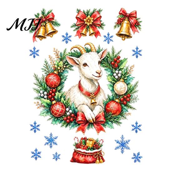 Snowflake Window Art Christmas Sheep Static Clings, Decorative 2027 Wreath Lamb Stickers with Pattern Snowflakes And Bells, Removable Glass