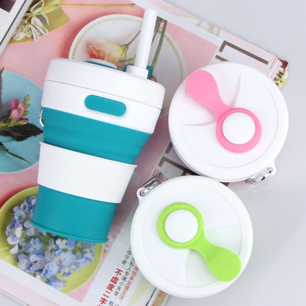 450ml Silicone Folding Straw Cup Space Saving High Temperature Resistant Retractable Cup with Buckle Leakproof Collapsible Cup