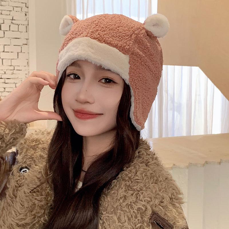 

Шапка теплая из овечьей шерсти с защитой ушей женская зимняя для велоспорта, лыж, активного отдыха, плюшевая шапка-пилот с медведем Cold and warm, fashionable and versatile