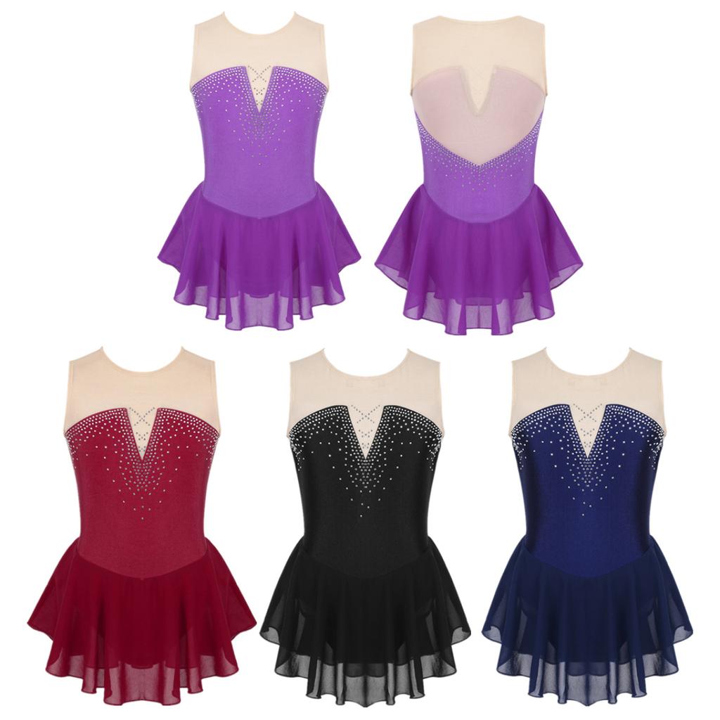 Girls Sleeveless Gymnastics Leotard Skirted Figure Ice Skating Dress Roller Skating Competition Performance Costume