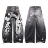 Vibe de rua design de nicho senso de estilo gato malhado pintado à mão jeans homens e mulheres mesmo estilo marca da moda casual solto reto calças