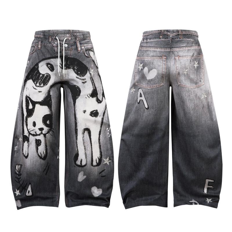 Vibe de rua design de nicho senso de estilo gato malhado pintado à mão jeans homens e mulheres mesmo estilo marca da moda casual solto reto calças