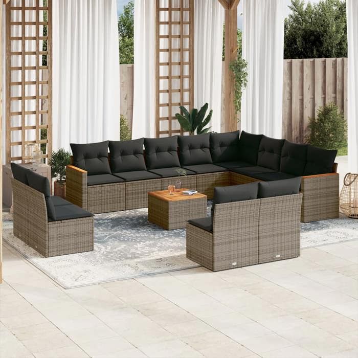 VidaXL Salon de Jardin avec Coussins 13 pcs, Canapés de Terrasse, Ensemble de Meubles de Patio, Mobilier d'Extérieur, Gris 3226480