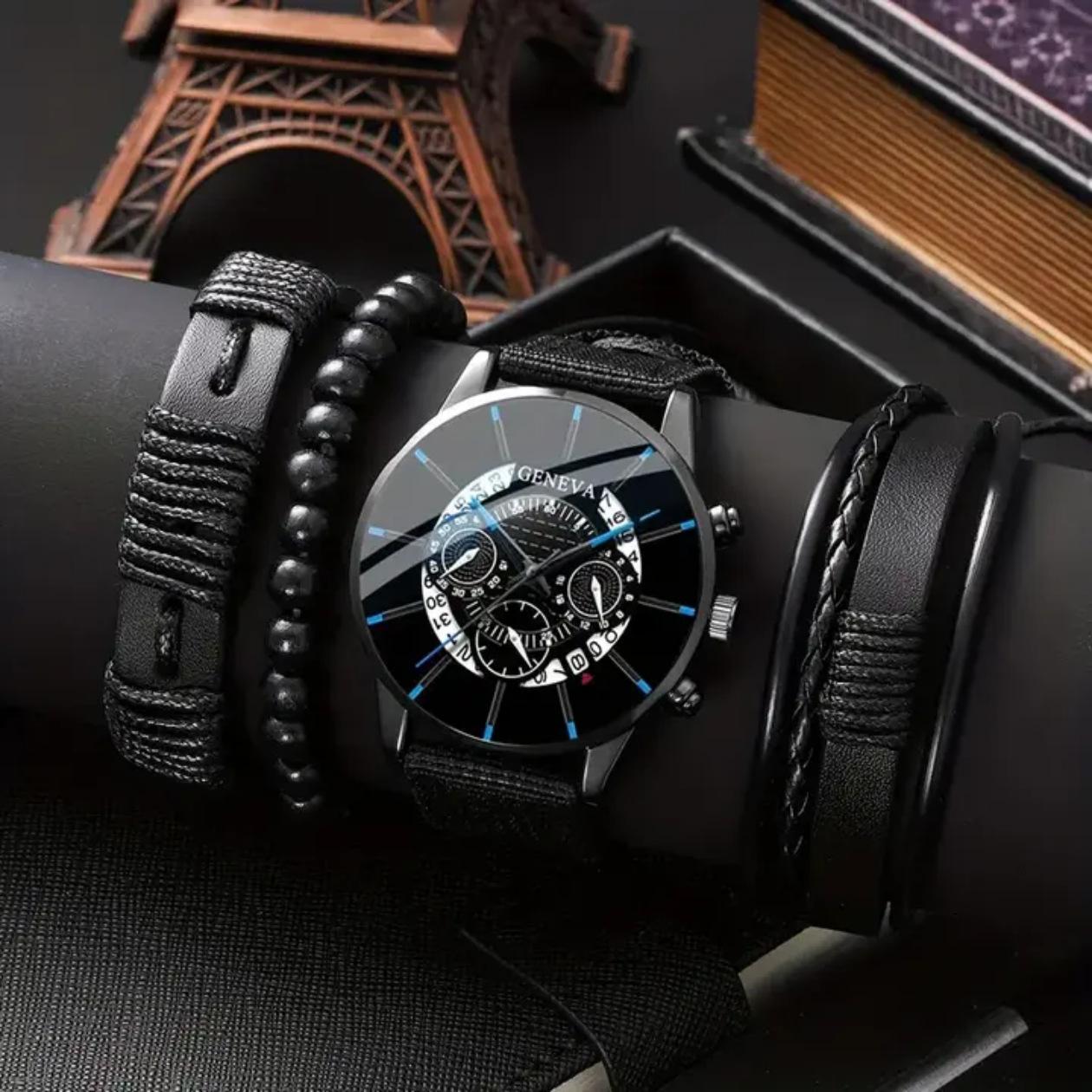 Fashion Trend Business Casual Men S Calendar Watch Hollow Dial Canvas Strap Bracelet Set Quartz Men S Watch