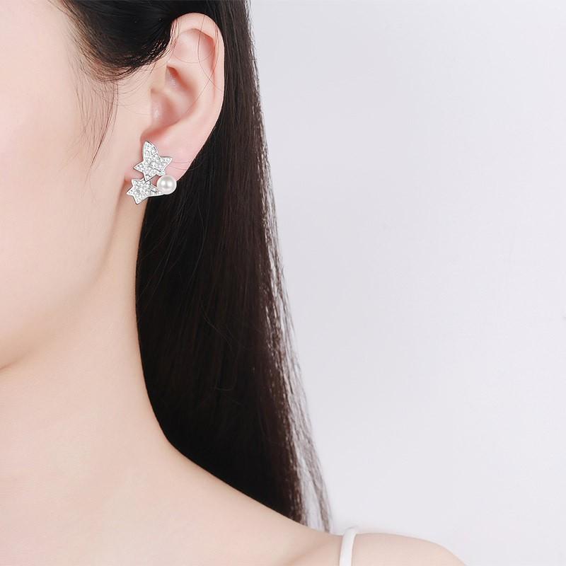 Sterling Earrings Women With 6-7mm Freshwater Pearl 68-Facet Moissanite Floral Leaf Design