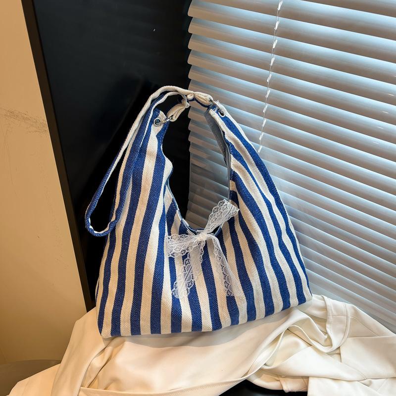 Retro Literary Handbag Women's Small Fresh Striped Shoulder Bag Casual Large Capacity Commuter Canvas Tote Bag