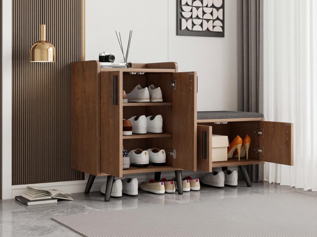 Modern Shoe Bench with Wood Grain, Shoe Cabinet, Four Storage Doors, Asymmetrical Metal Handles, W120/D34/H82.8 CM (OLD SKU: N657P242917N)