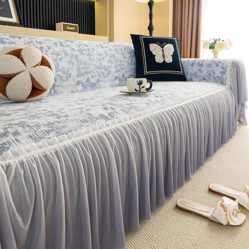 

Универсальный чехол на диван из шенилла с французской оборкой, кремовая эстетика, цветочный узор, нескользящий, охлаждающий коврик-подушка для дивана 180*200cm