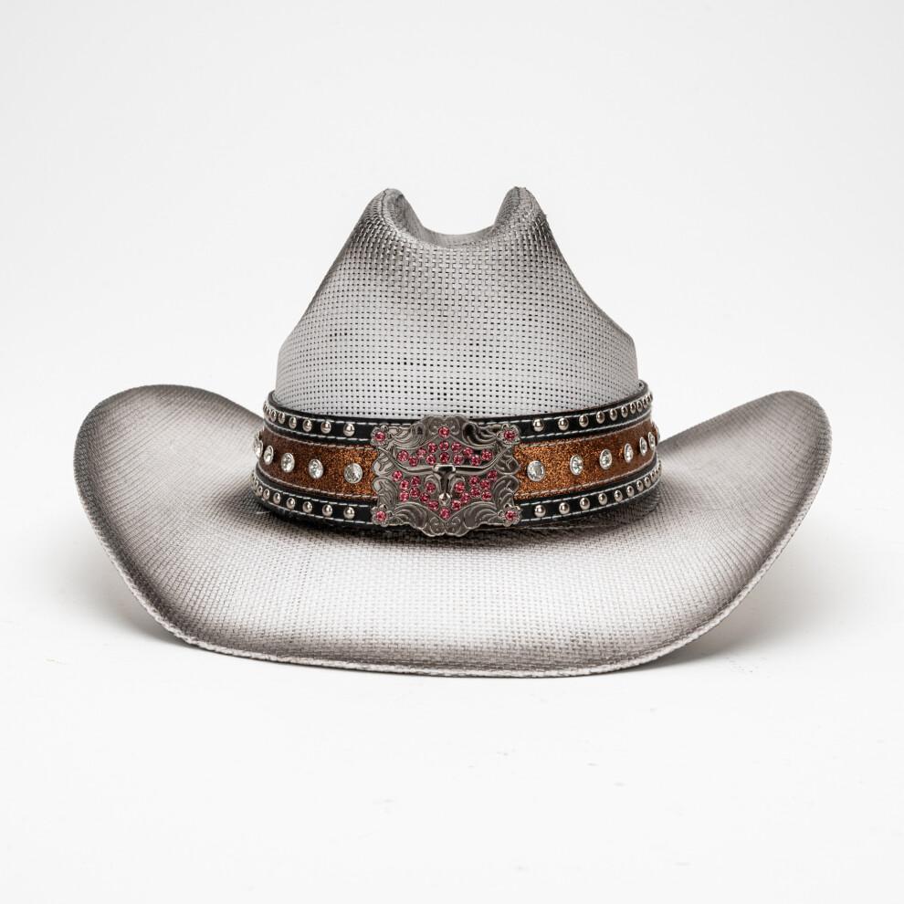 (M, White) Straw Sun Hat Breathable Western Style Cowgirl Hat Stylish Bull Head Belt Wide Brim Beach Cap