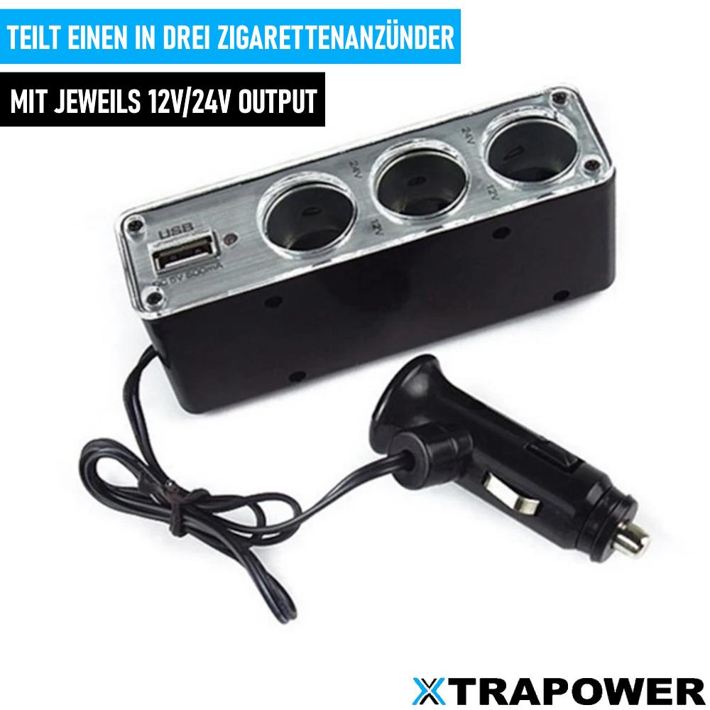 XTRAPOWER Zigarettenanzünder Verteiler Auto KFZ Adapter 3-Fach Splitter mit USB