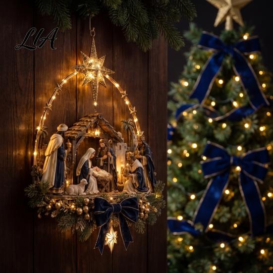 Christmas Star Gift for Family Lighted Nativity Door Swag, Bethlehem of Faith Wall Decor, Light-up Holy Indoor Festive Wreath Hanging Decoration Front