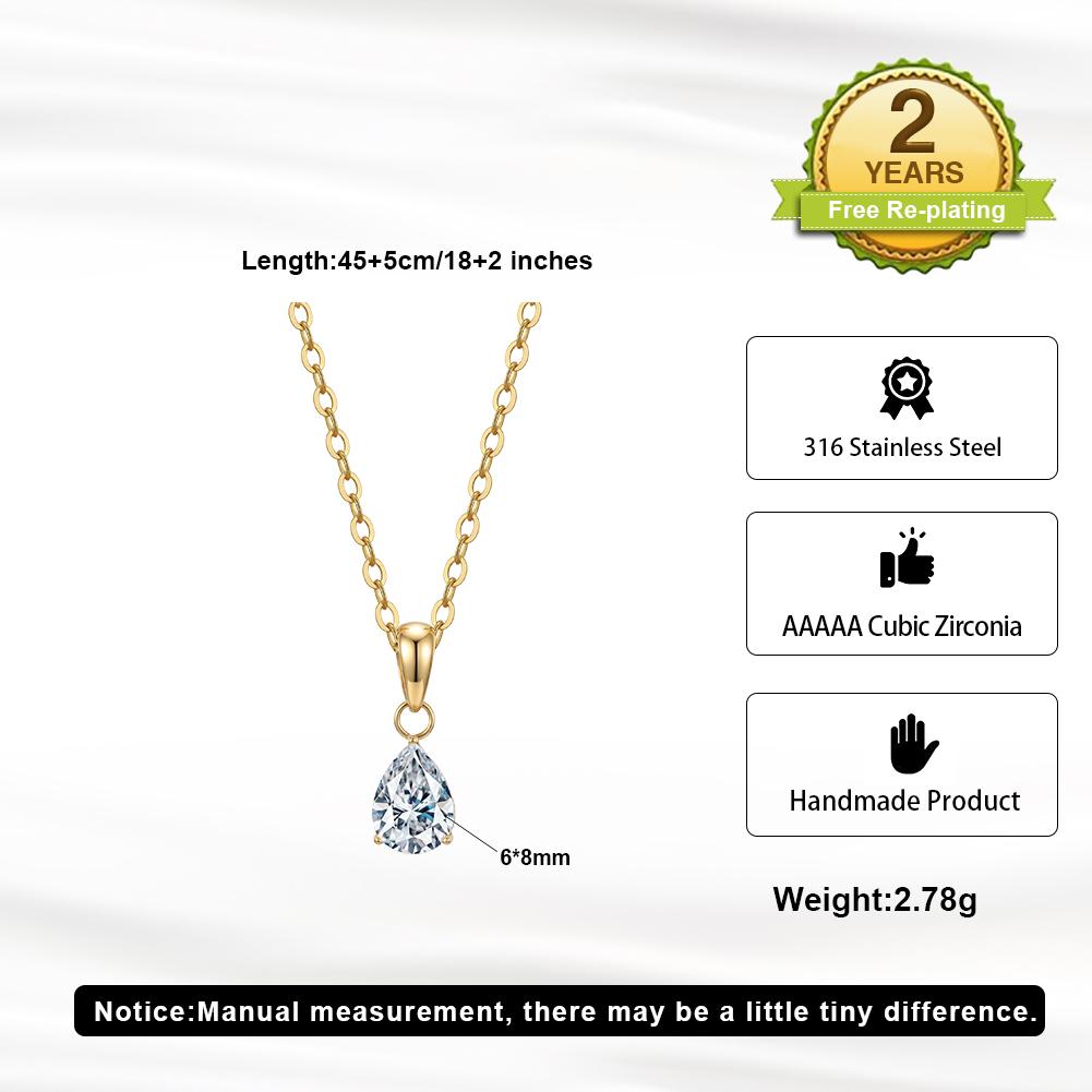 Minimalist Teardrop Pendant Necklace 316 Stainless Steel Gold Tone With AAAAAA Pear Cut Cubic Zirconia Adjustable Chain Women