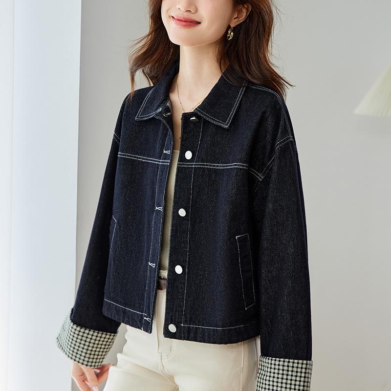 

Plaid Flip-sleeved Denim Shirt Jacket Women s Spring and Autumn Top Small Shirt XXL джинсовий синього кольору