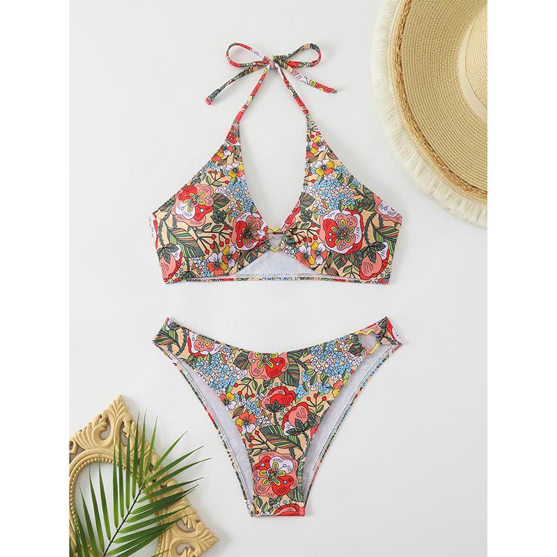 

Сексуальное бикини халтер женское с металлическим соединением в виде сердца, купальник женский треугольный с принтом, купальный костюм, пляжная одежда XL разноцветный