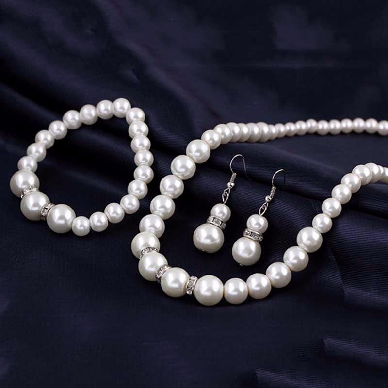 Fashion Women Bridal Wedding Party Pearl Necklace Earrings Bracelet Jewelry Set A