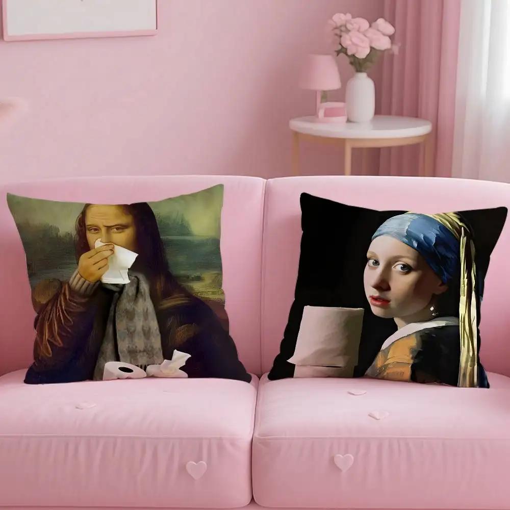 Mona-Lisa Wearing Pearls Girl Pillow Case Custom Printed Brushed Fleece Pillow, Baby Skin-Touch, Eco-Friendly Dye-Sublimation Cu