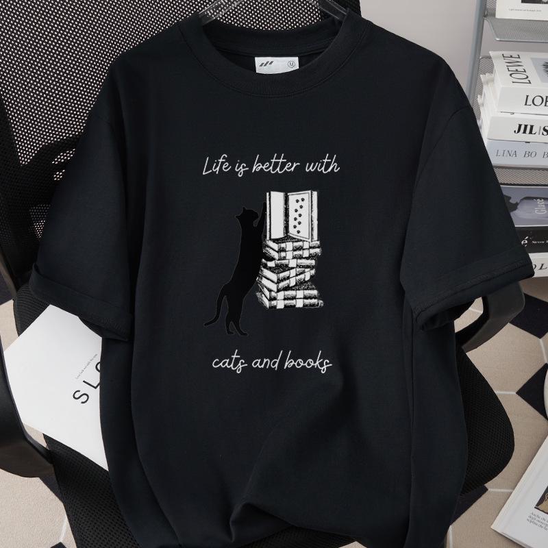 Trendiges Grenzüberschreitendes Katzen-Print-T-Shirt, 260g Reine Baumwolle, Kurzarm, Einfach 1002-45