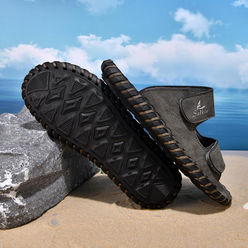 Summer 2026 Men's Large Leather Outdoor Beach Slippers, Size 48