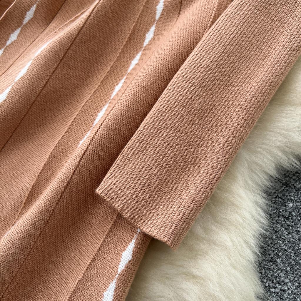 Mode Druck Strickwaren Pulloverkleid Damen Diamanten O-Ausschnitt Elastisches Slim Design 2025 Herbst Warm Französisch OL Lange Kleider