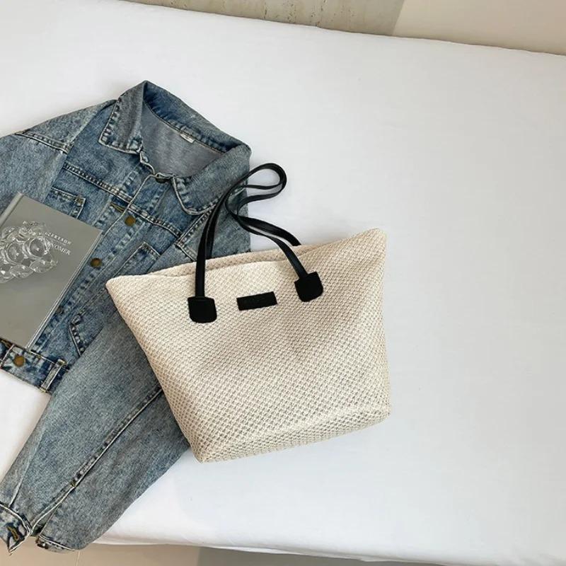 

Portable Women s Beach Straw Bag Leisure Commuter Ladies Travel Shoulder Bags Solid Color Simple Female Large Capacity Handbag чёрный