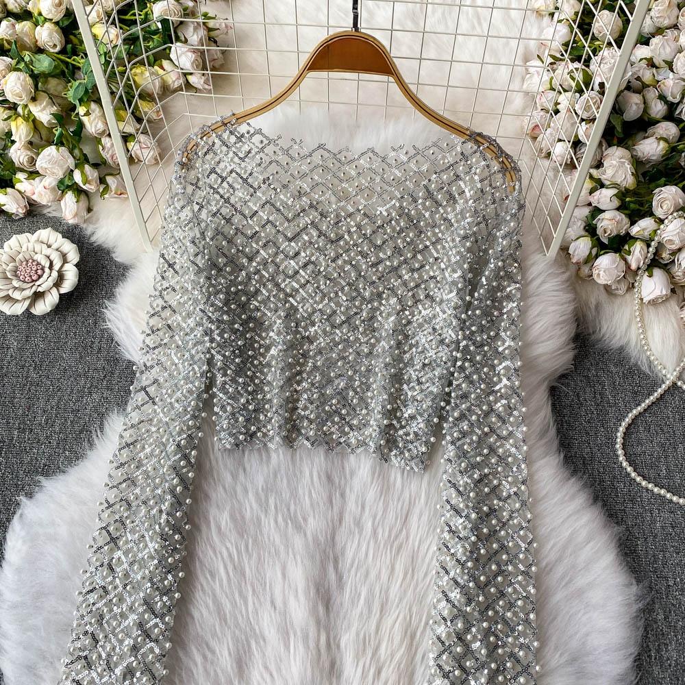 Iny Sequin Long Sve Round Ne Ort T-irt Women's Slim Fit Sli Korean Sle Commute Pure Color Summer Top