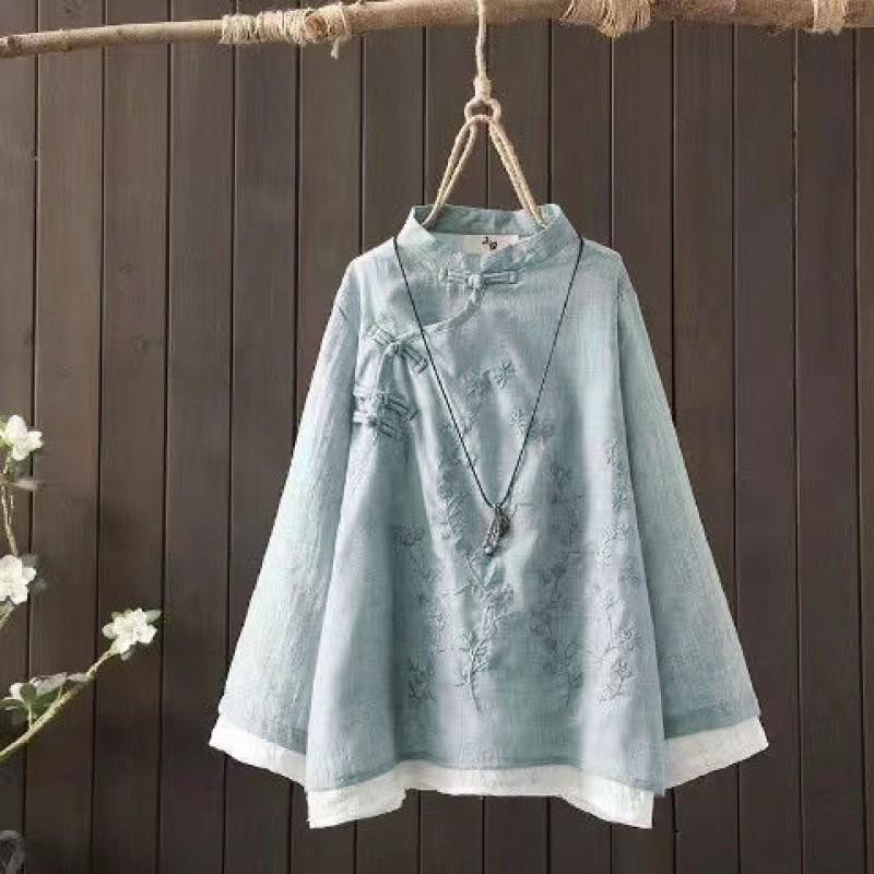 Retro Embroidered Disc Buckle Linen Cotton Blouse, Chinese Style Zen Tea Dress, Loose Stitching Round Neck Shirt, Women