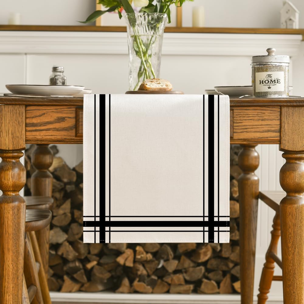 Artoid Mode Black Simple French Stripe Table Runner, Seasonal Spring Summer Kitchen Dining Table Decoration for Home Party Decor 13x72 Inch