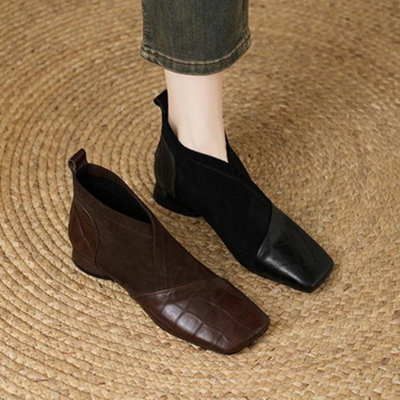 Booties Autumn New Square Toe Spliced Suede Rear Zip Anti-Slip Wear-Resistant Low Heel Shoes