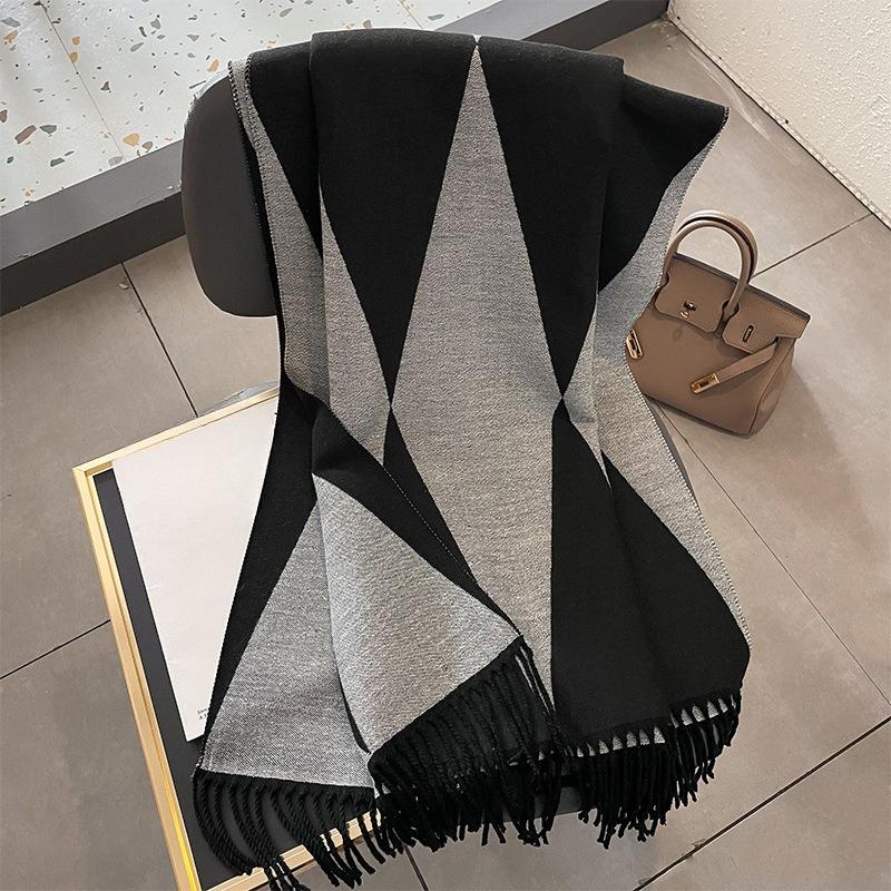Autumn and Winter New Korean Style Versatile Geometric Rhombus Imitation Cashmere Jacquard Scarf for Women Thickened Tassel Shawl Scarf