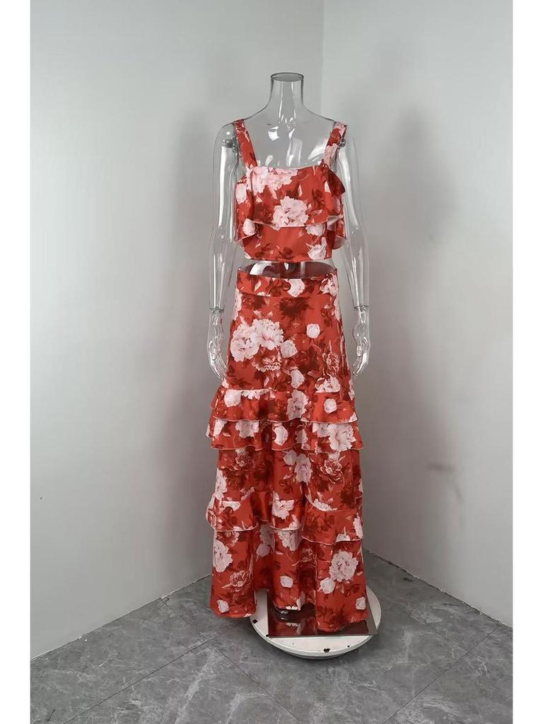 2026 Spring Women's Camisole & Long Cake Skirt Two-Piece Beach Set