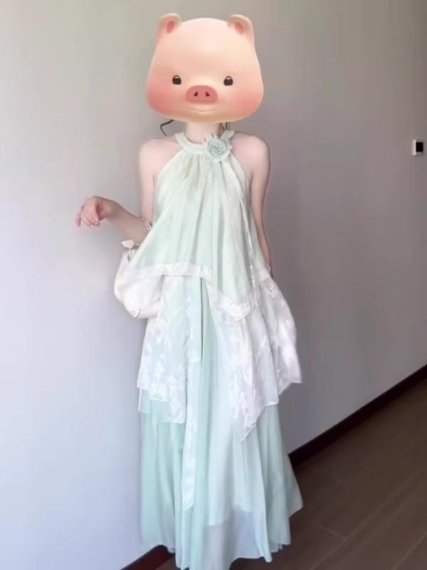 Super Fairy Vacation Wind Off-the-shoulder Neck Dress Summer Korean Pure Lace Splicing Irregular Lace Long Dress Women