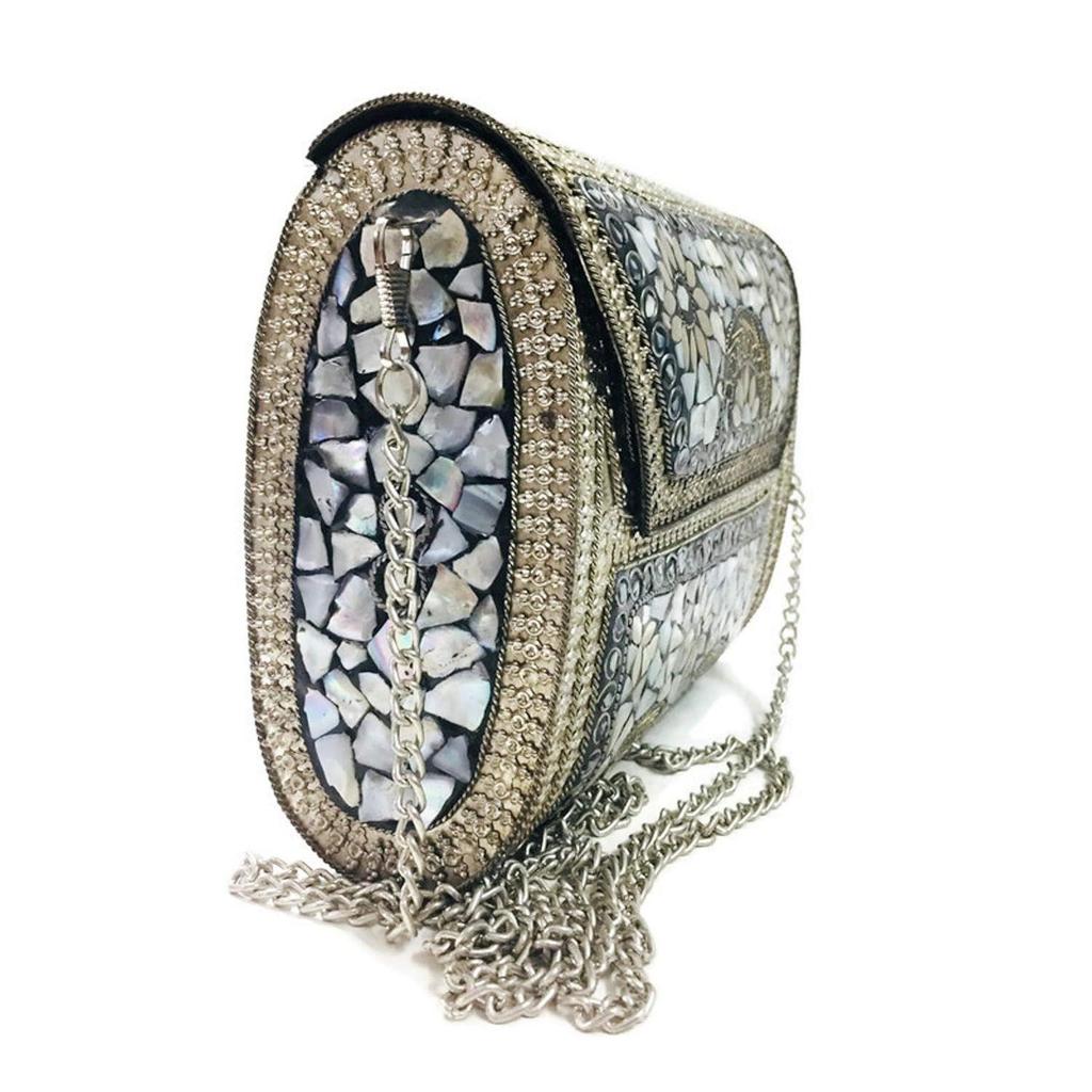 Antike indische Kunst Handgefertigte Steinmosaik Metalltasche Damen/Mädchen Braut Metallclutch Party Umhängetasche