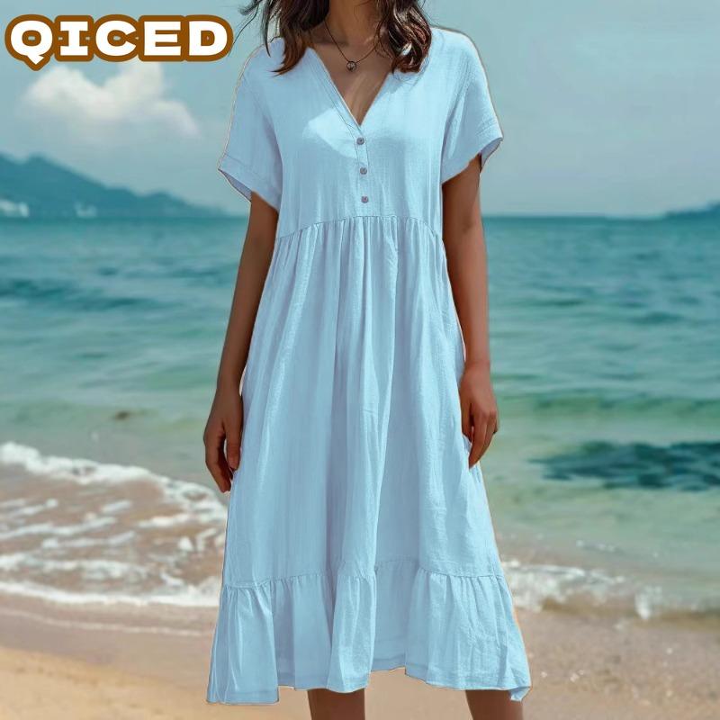 QICED Fashion Summer Spring Solid Color Print Short Sleeve V-Neck Casual Dresses