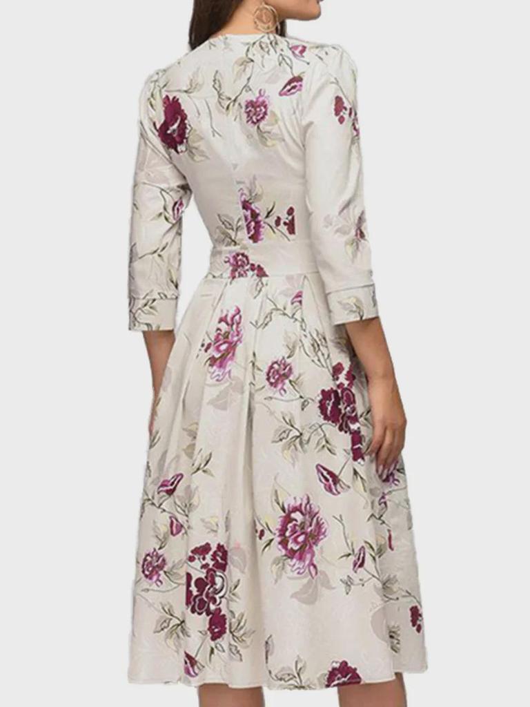 Europäisches Damen-A-Linien-Plisseekleid mit Blumenmuster und 3/4-Ärmeln