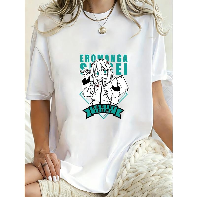 Übergroßes T-Shirt Schwarz Eromanga Sensei Anime-Charakter-Druck mit Text für Freizeitkleidung und Anime-Fans