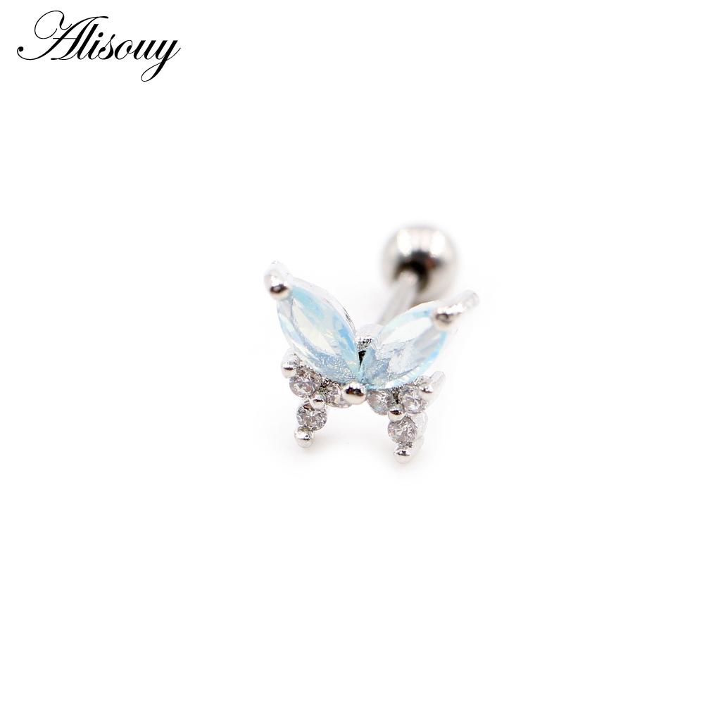 Alisouy 2PCS Butterfly Resin Zircon Ball Stainless Steel Women Men Ear Stud Earrings Cartilage Tragus Helix Pierceing Jewelry
