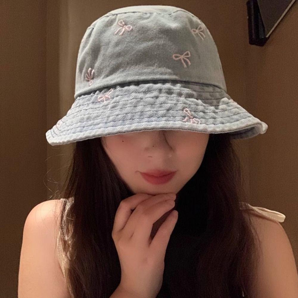 Outdoor Bowknot Cowboy Fisherman Hat Sunshade Covering Basin Hat Fashion Y2K Denim Bucket Hat Lady