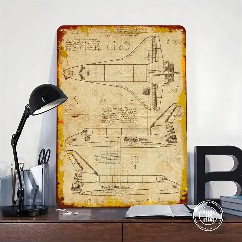 Zeichnungen eines Space Shuttles Poster Maßgeschneiderte Wandkunst Vintage Metallschilder Retro Blechschild für Man Cave Heimdekoration Raumdekorationen