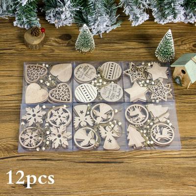 12pcs Christmas Wooden Hollow Hanging Ornament Christmas Tree Hanging Pendant Decor