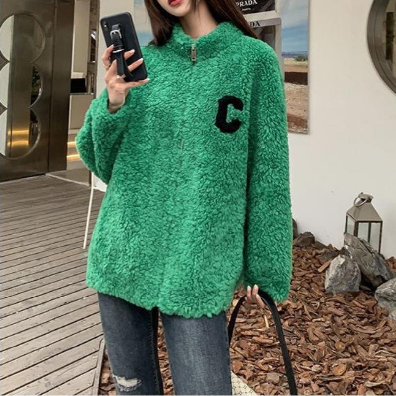 White coat women's autumn and winter new loose and versatile casual coral fleece stand-up collar zipper thickened fleece top