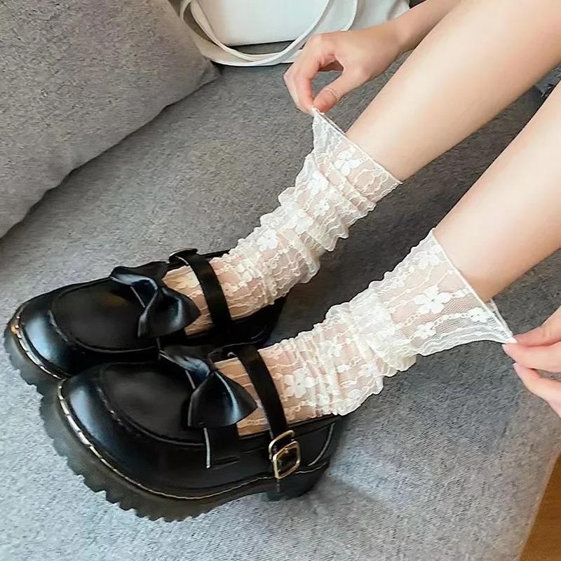 Summer Women's Simple Fashion Solid Floral Pattern Lace Socks Thin Hollow Retro Stack Cute Y2K Sweet Lolita Socks