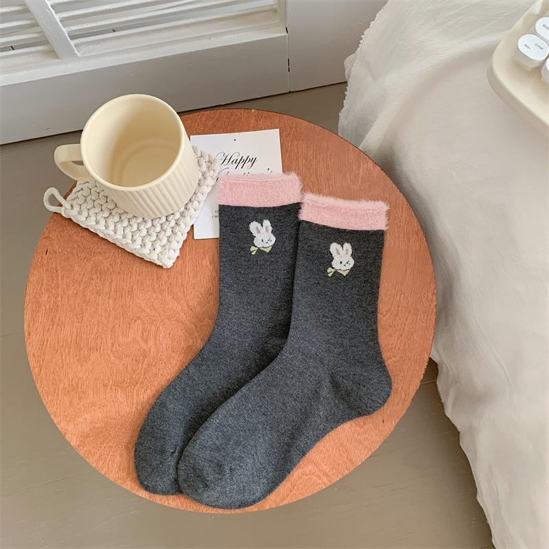 Rabbit Flocked Socks for Women, Sweet and Cartoonish, Cute Mid-calf Socks, Pure Cotton Pile Socks