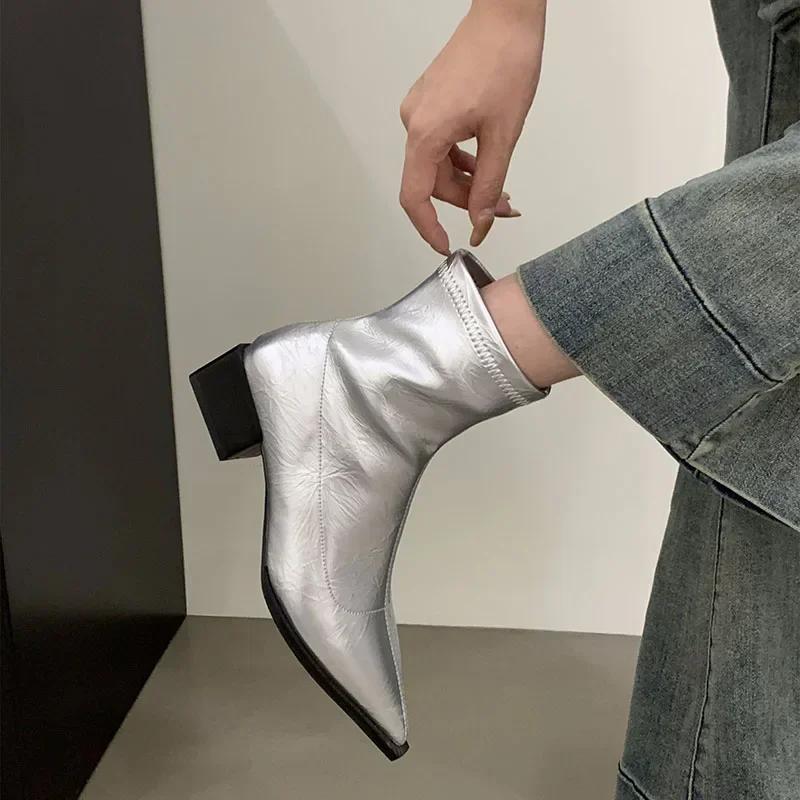 Pointed Toe Women Slim Ankle Boots Fashion Square Low Heel Ladies Elegant Back Zippers Short Booties Women'S Footwear
