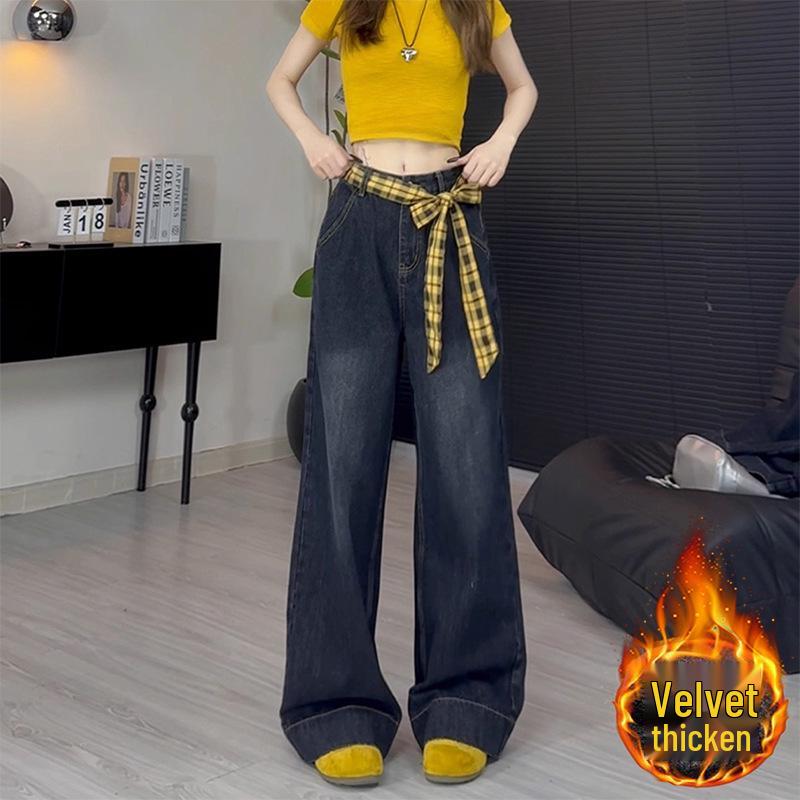 

American Retro Women s Wide-Leg High-Waisted Jeans, Autumn/Winter 2025, Slimming Plus Velvet Drape Banana Pants M