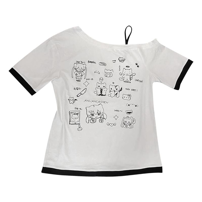 Japanese Y2k Subculture Cute T Shirt Off-shoulder White Short-sleeved Summer T-shirt Woman Cartoon Print Sweet Harajuku Tees