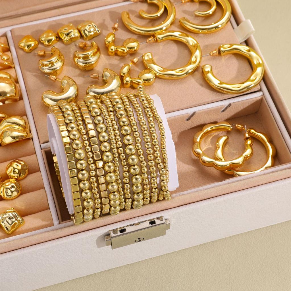 Elegant Vintage Jewelry Set for Women Gold Color Necklaces Earrings Irregular Rings Bead Bracelet Daily Wear Jewelry Gift No Box
